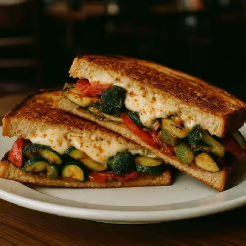 Two halves of a grilled vegetable sandwich with melted cheese, zucchini, and red peppers on a white plate.