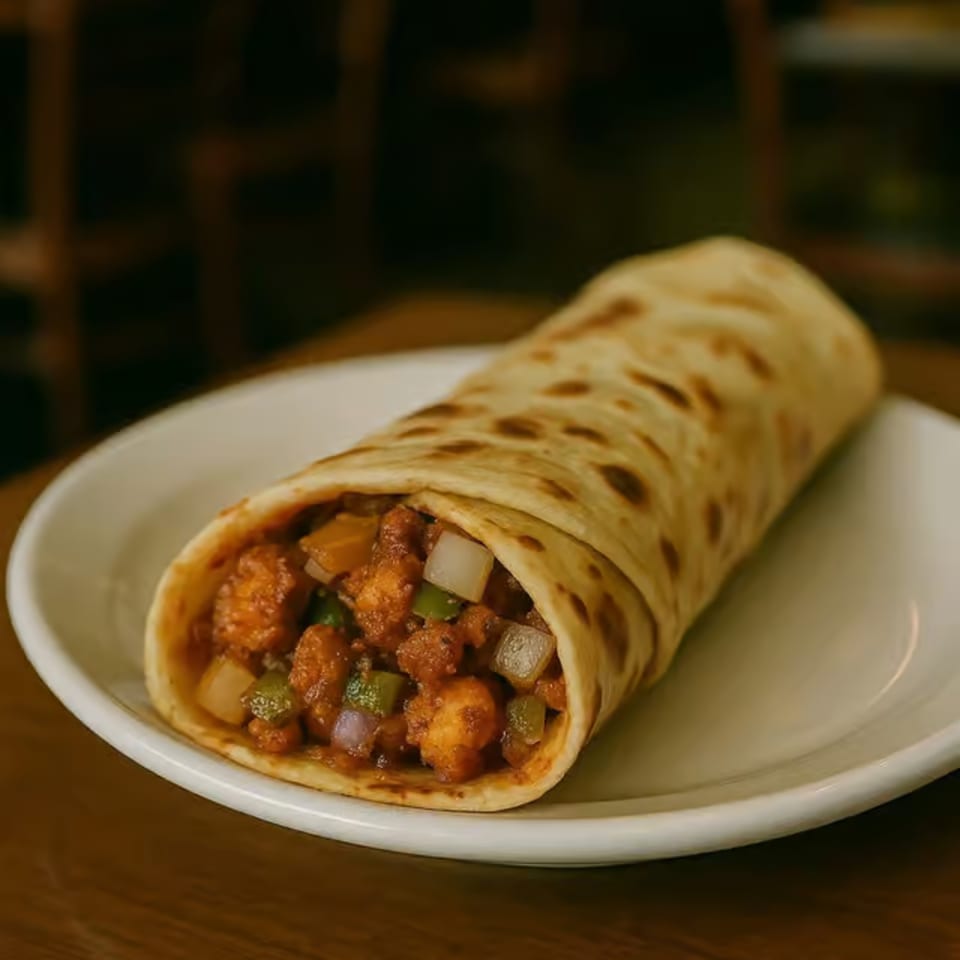 A close-up of a paneer kathi roll, filled with paneer, onions, and peppers, on a white plate.